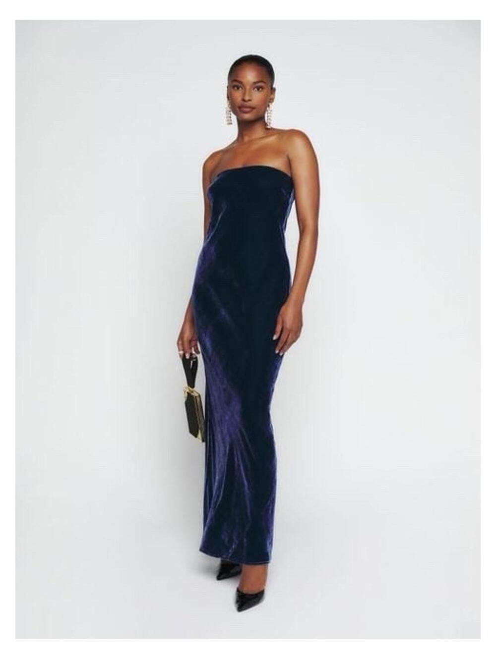 Reformation Sylvania Navy Velvet Maxi Length Dress XS NWT